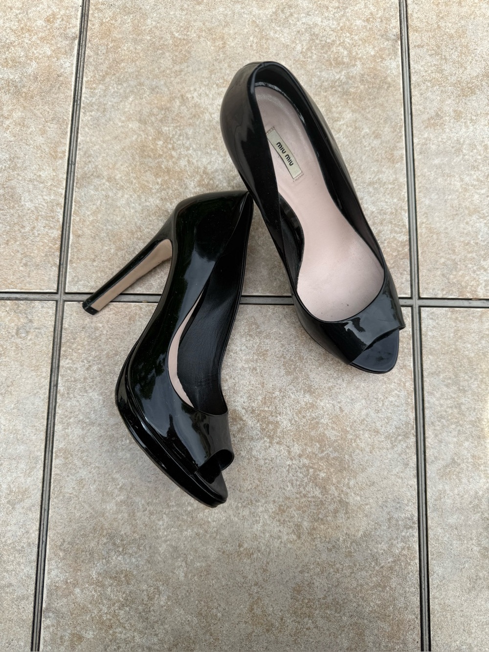 Miu Miu Black Patent Peep-Toe Stiletto Pumps - Picture 9 of 16